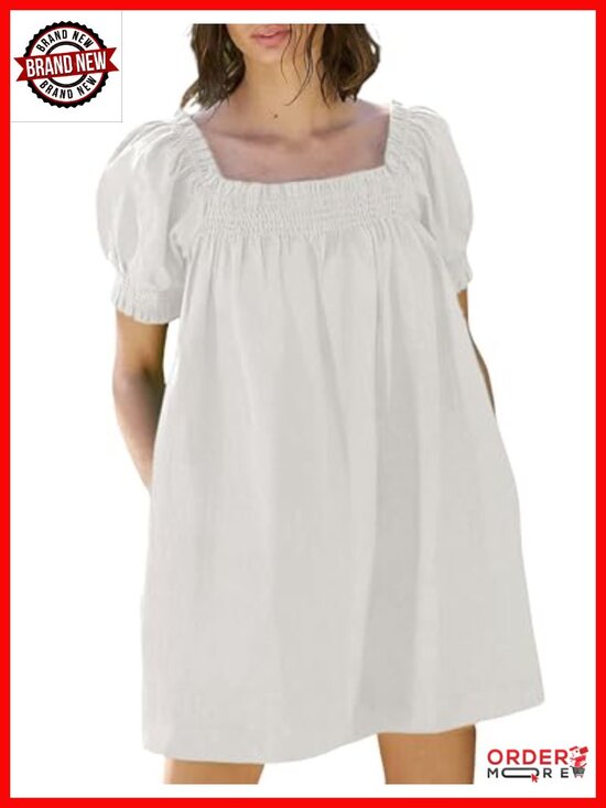 Dresses & Skirts - A-Line Square Neck Puff Sleeve Summer Mini Dress with Pockets